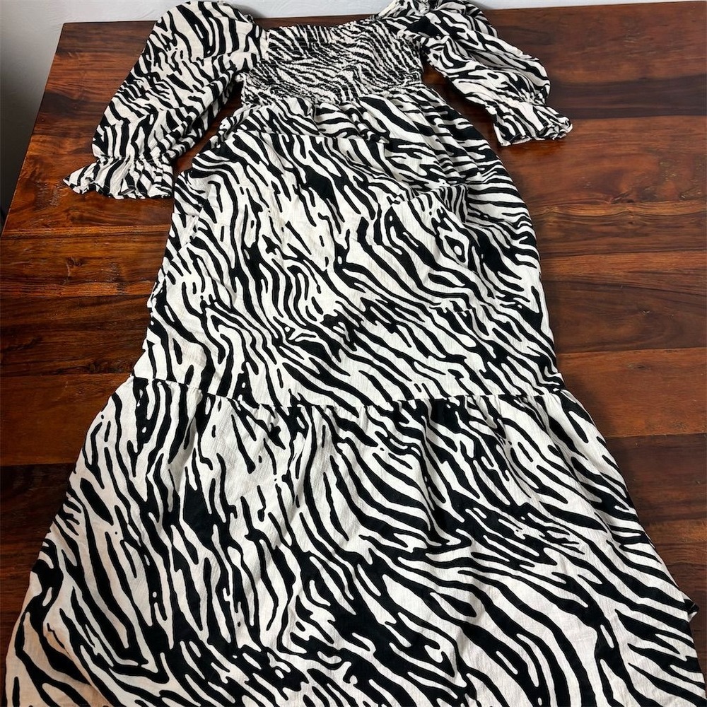 M&S Collection Women's Zebra Print‎ Tiered Puff Sleeve Dress Size 8